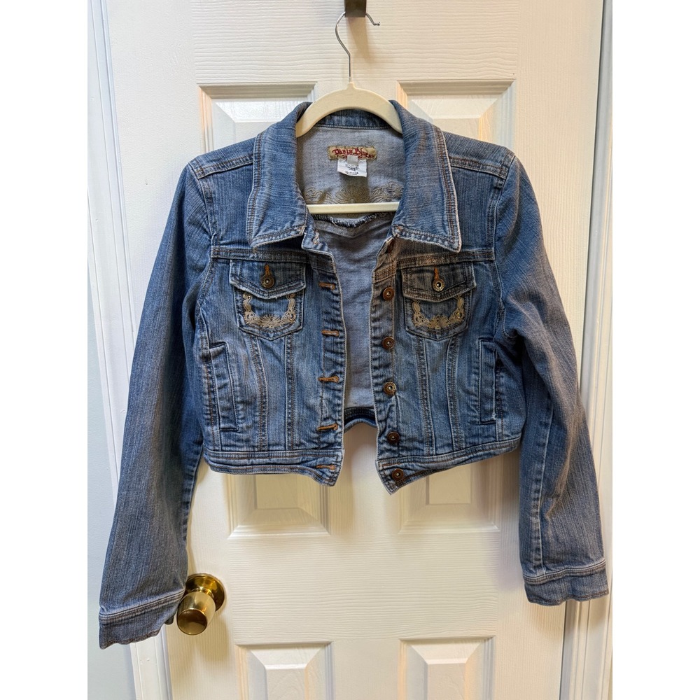 Paris Blues Womens Denim Jacket Blue Embroidered Cropped Y2K Boho Medium